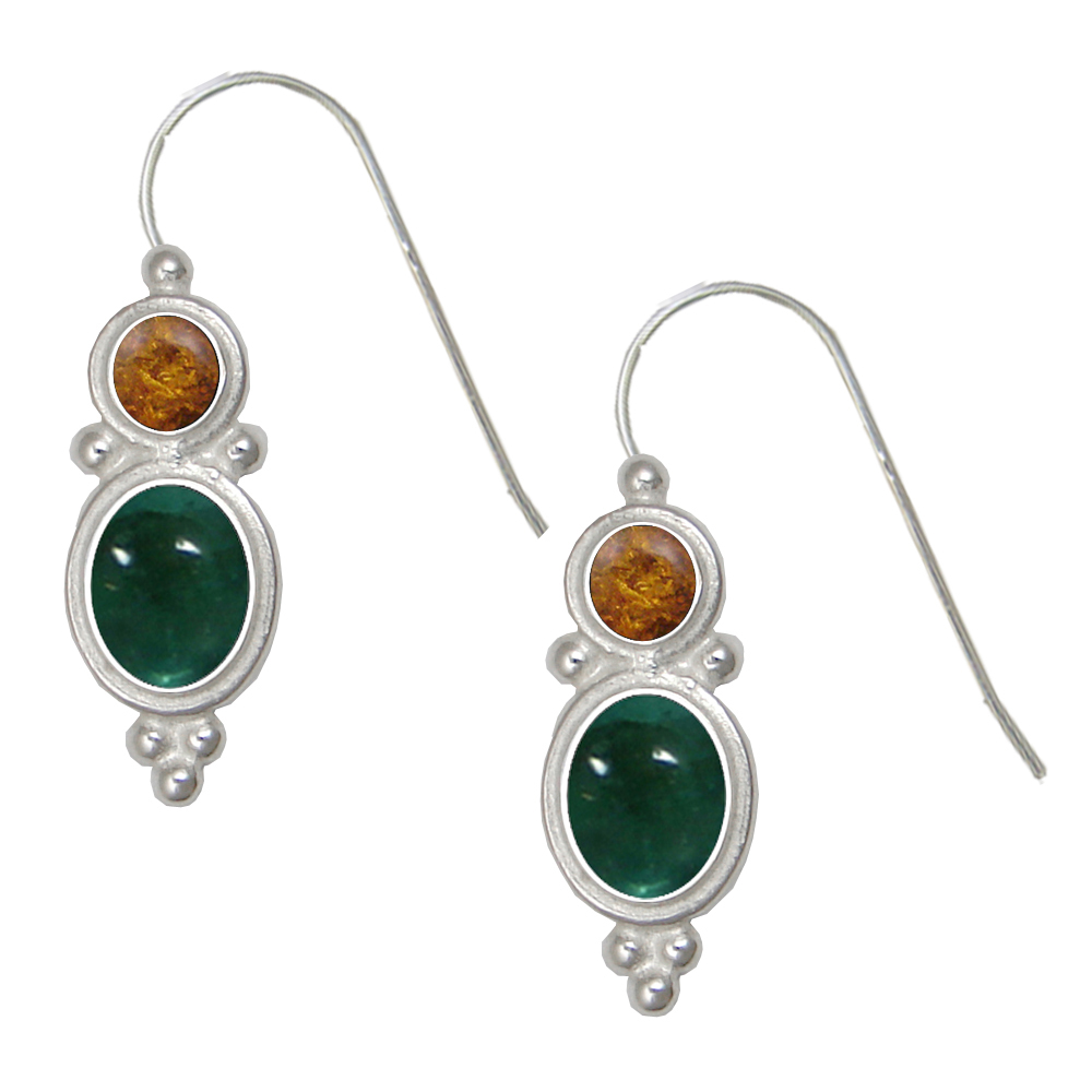 Sterling Silver Drop Dangle Earrings Fluorite And Amber